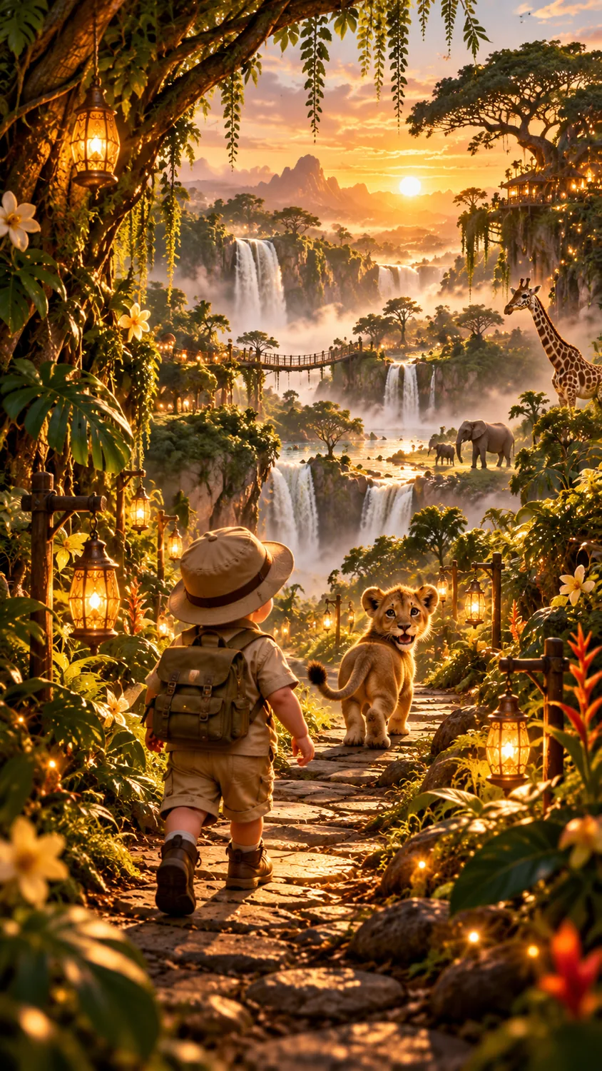Explorer on jungle trail with lion cub